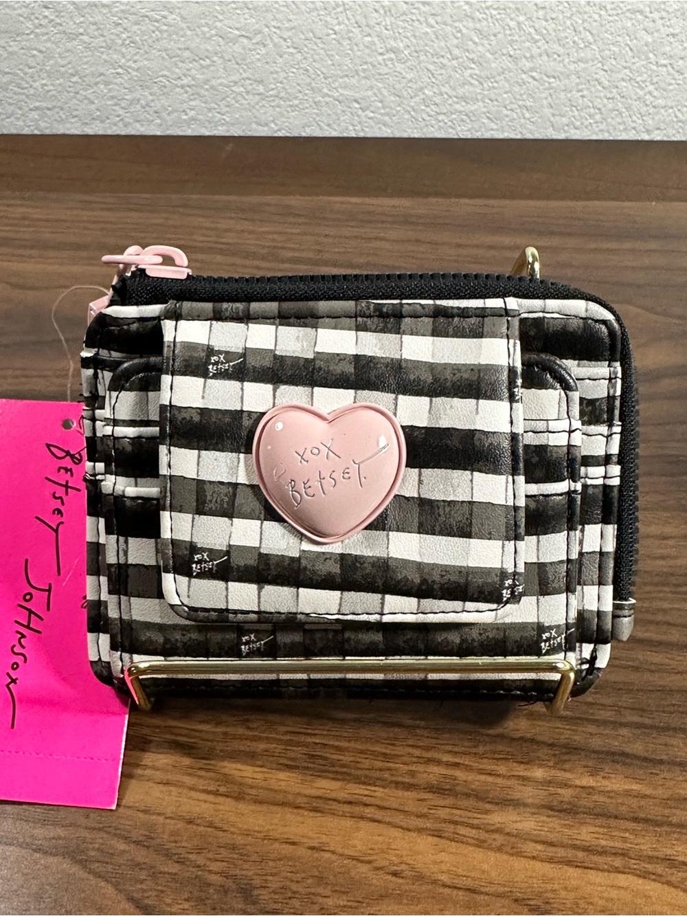 Betsey Johnson Black & White Gingham Wallet with Pink Heart Accent